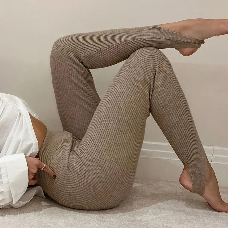Beige Ribbed Knit Leggings